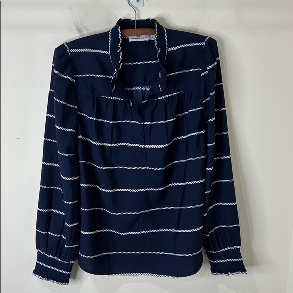VINEYARD VINES Blue Striped Long Sleeve Ruffle Top Size Medium - Picture 2 of 14